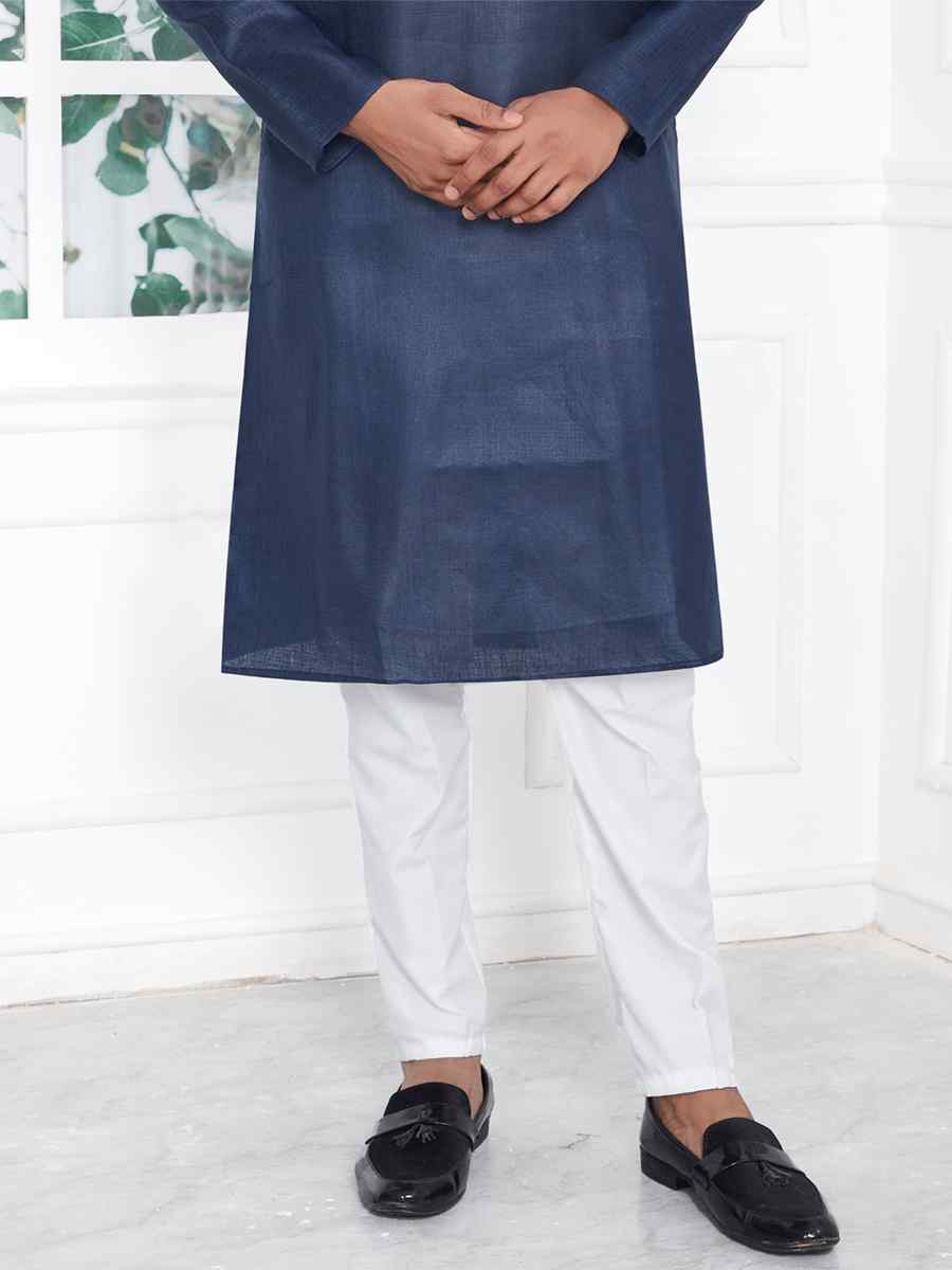 Navy Blue Premium Linen Cotton Printed Festival Casual Kurta
