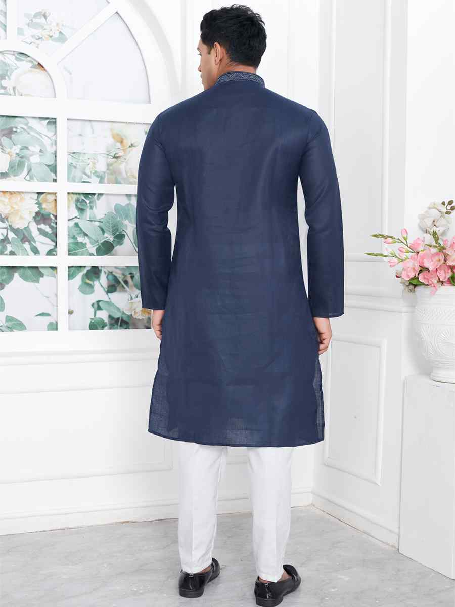 Navy Blue Premium Linen Cotton Printed Festival Casual Kurta