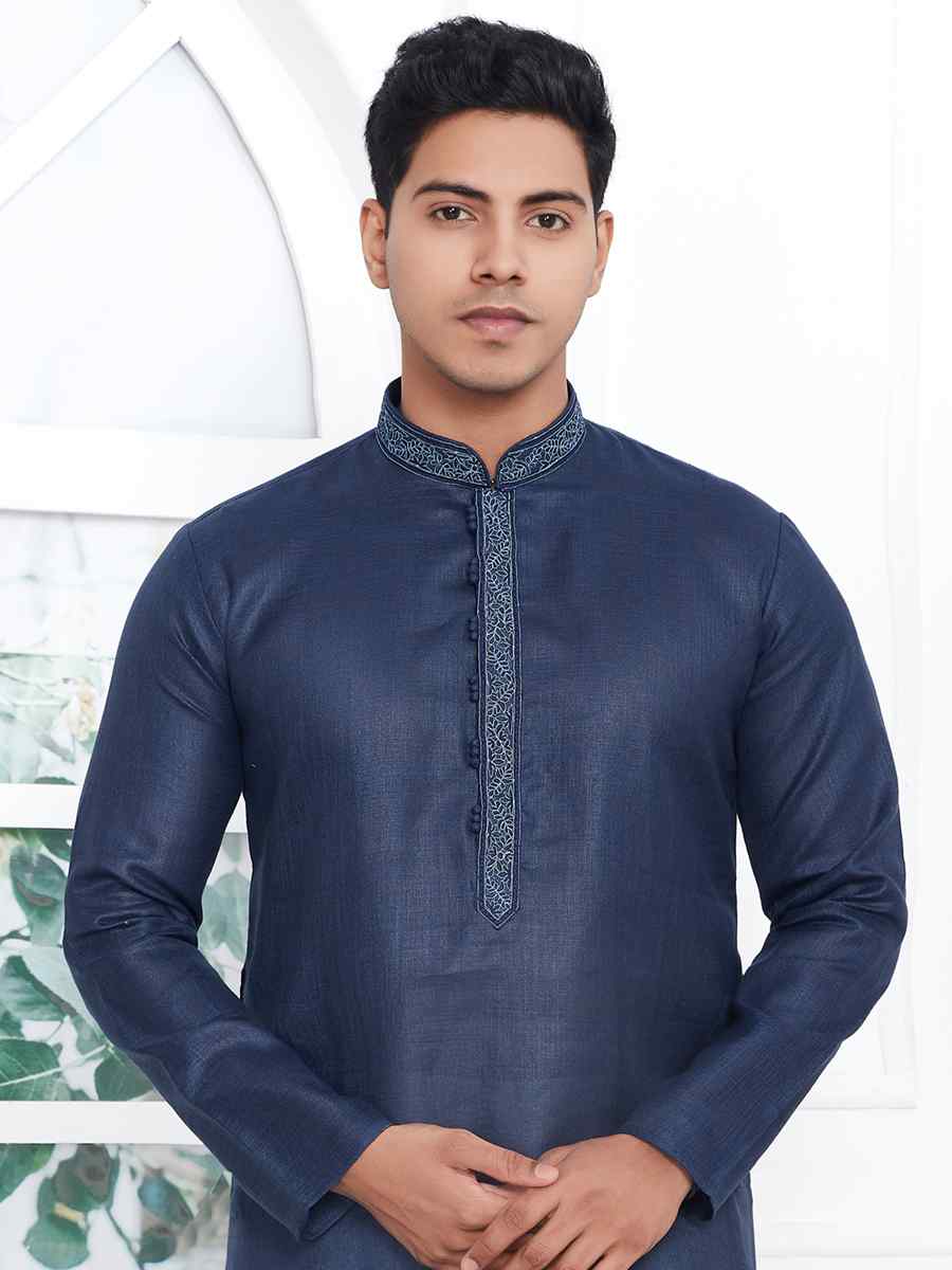 Navy Blue Premium Linen Cotton Printed Festival Casual Kurta