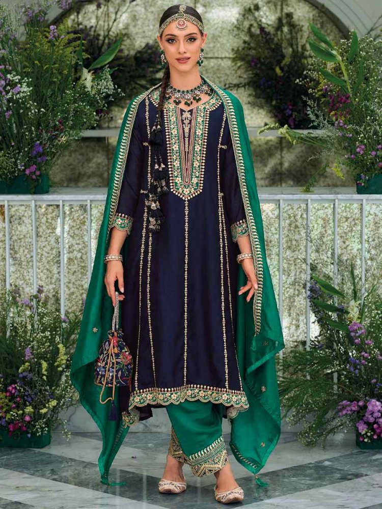 Navy Blue Premium Silk Embroidered Festival Mehendi Ready Patiala Salwar Kameez