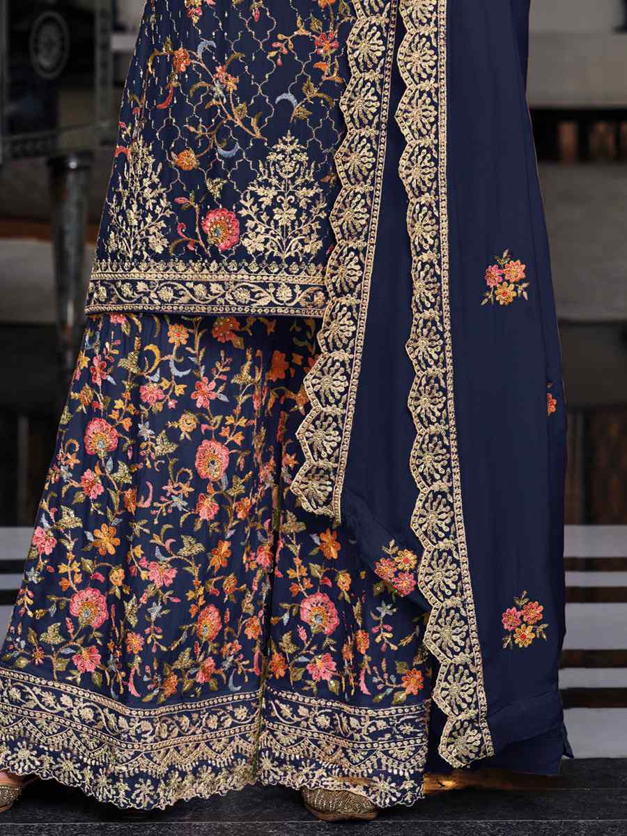 Navy Blue Premium Silk Embroidered Festival Wedding Palazzo Pant Salwar Kameez