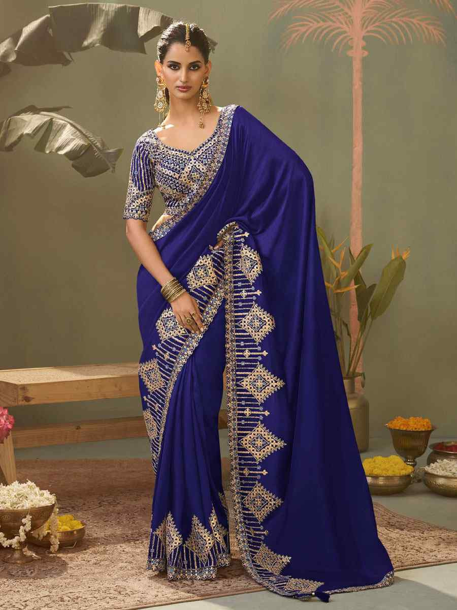 Navy Blue Premium Silk Embroidery Festival Wedding Fancy Classic Heavy Border Saree