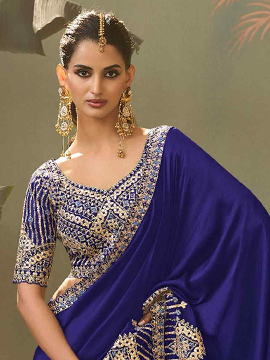 Navy Blue Premium Silk Embroidery Festival Wedding Fancy Classic Heavy Border Saree