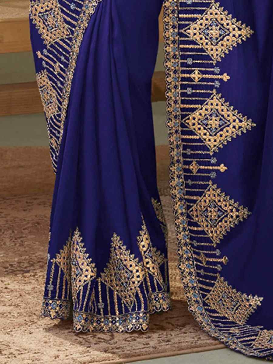 Navy Blue Premium Silk Embroidery Festival Wedding Fancy Classic Heavy Border Saree