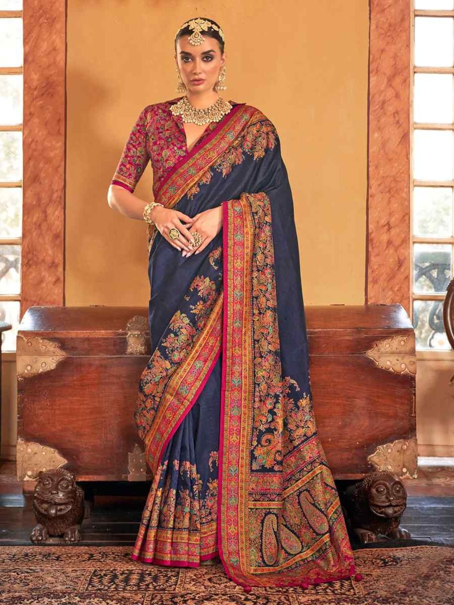 Navy Blue Printed Festival Wedding Fancy Heavy Border Saree