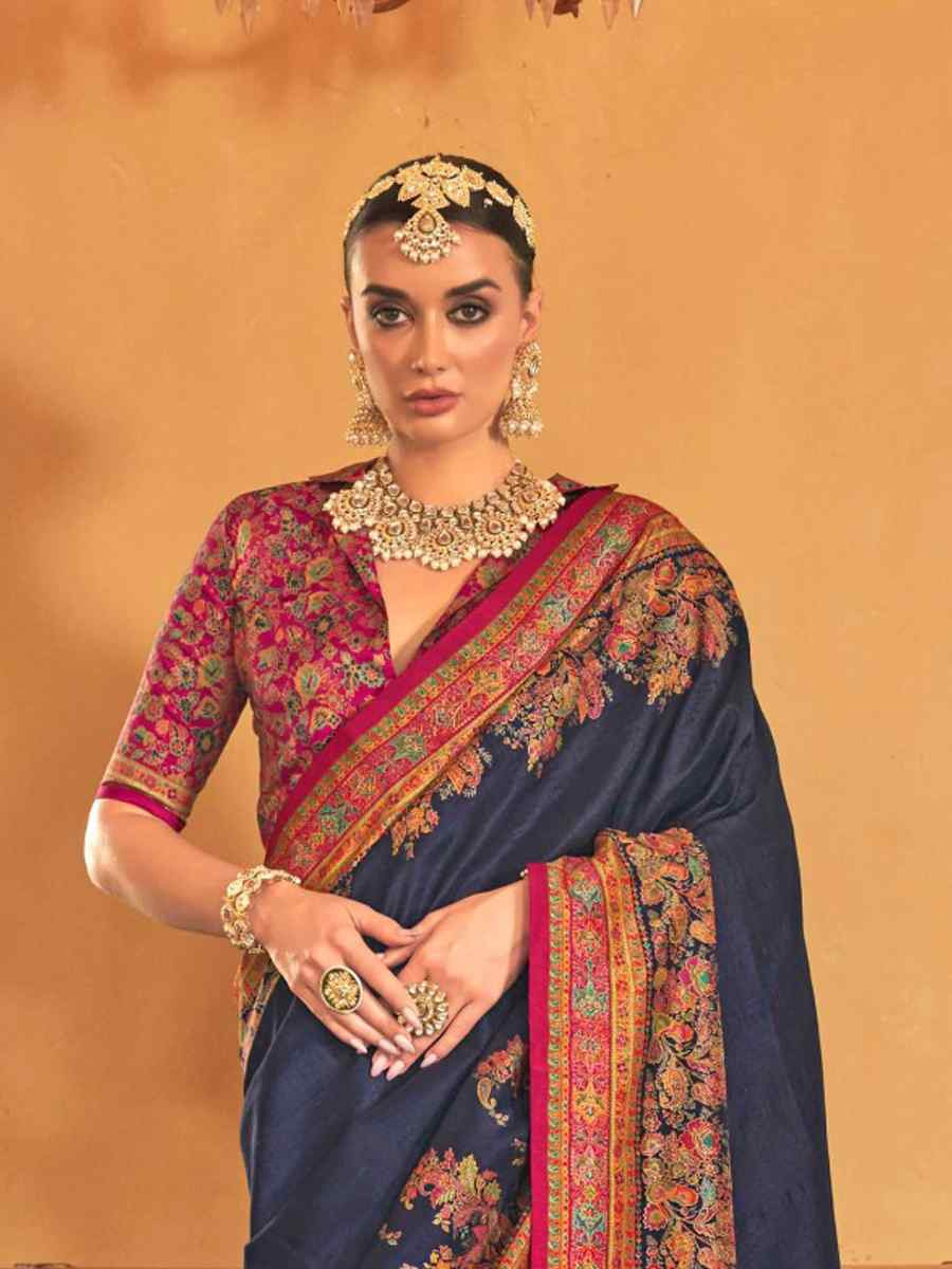 Navy Blue Printed Festival Wedding Fancy Heavy Border Saree