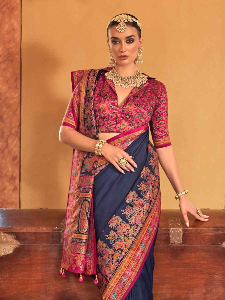 Navy Blue Printed Festival Wedding Fancy Heavy Border Saree