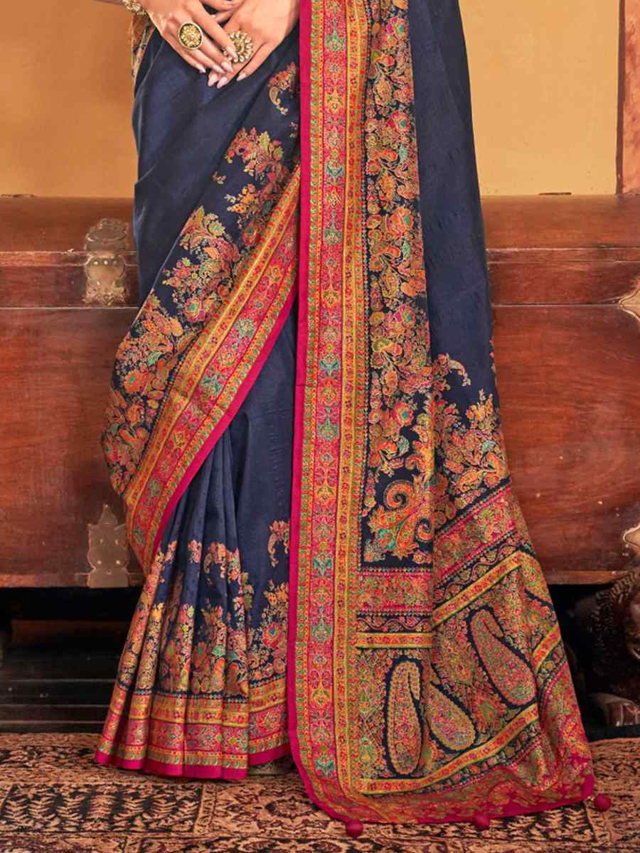 Navy Blue Printed Festival Wedding Fancy Heavy Border Saree