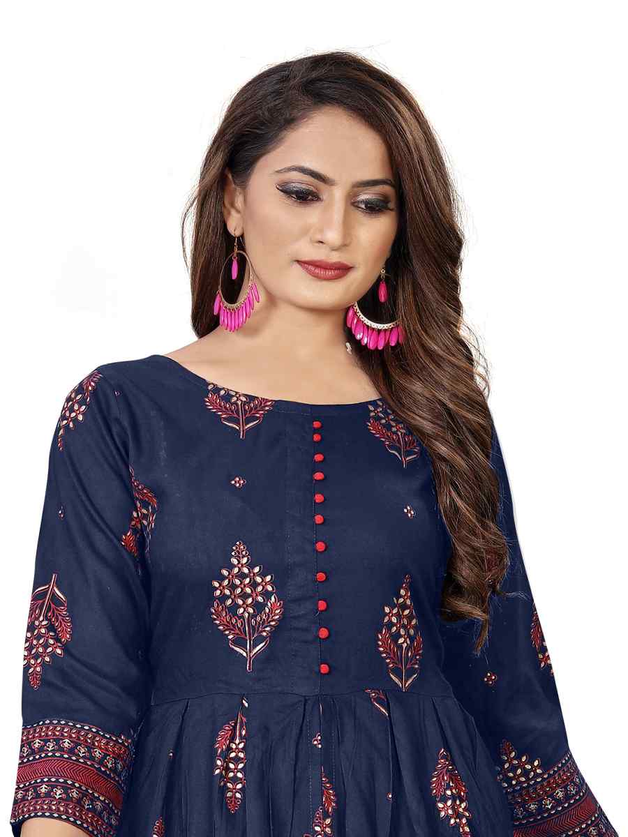 Navy Blue Pure 14KG Rayon With A-Line Cut Printed Party Casual Gown