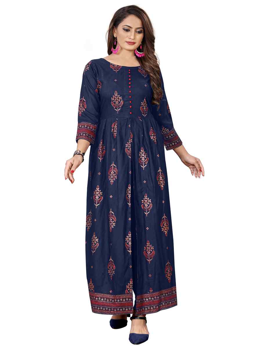 Navy Blue Pure 14KG Rayon With A-Line Cut Printed Party Casual Gown