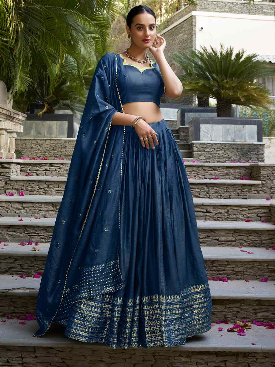 Navy Blue Pure Chanderi Embroidery Wedding Reception Festival Heavy Border Lehenga Choli