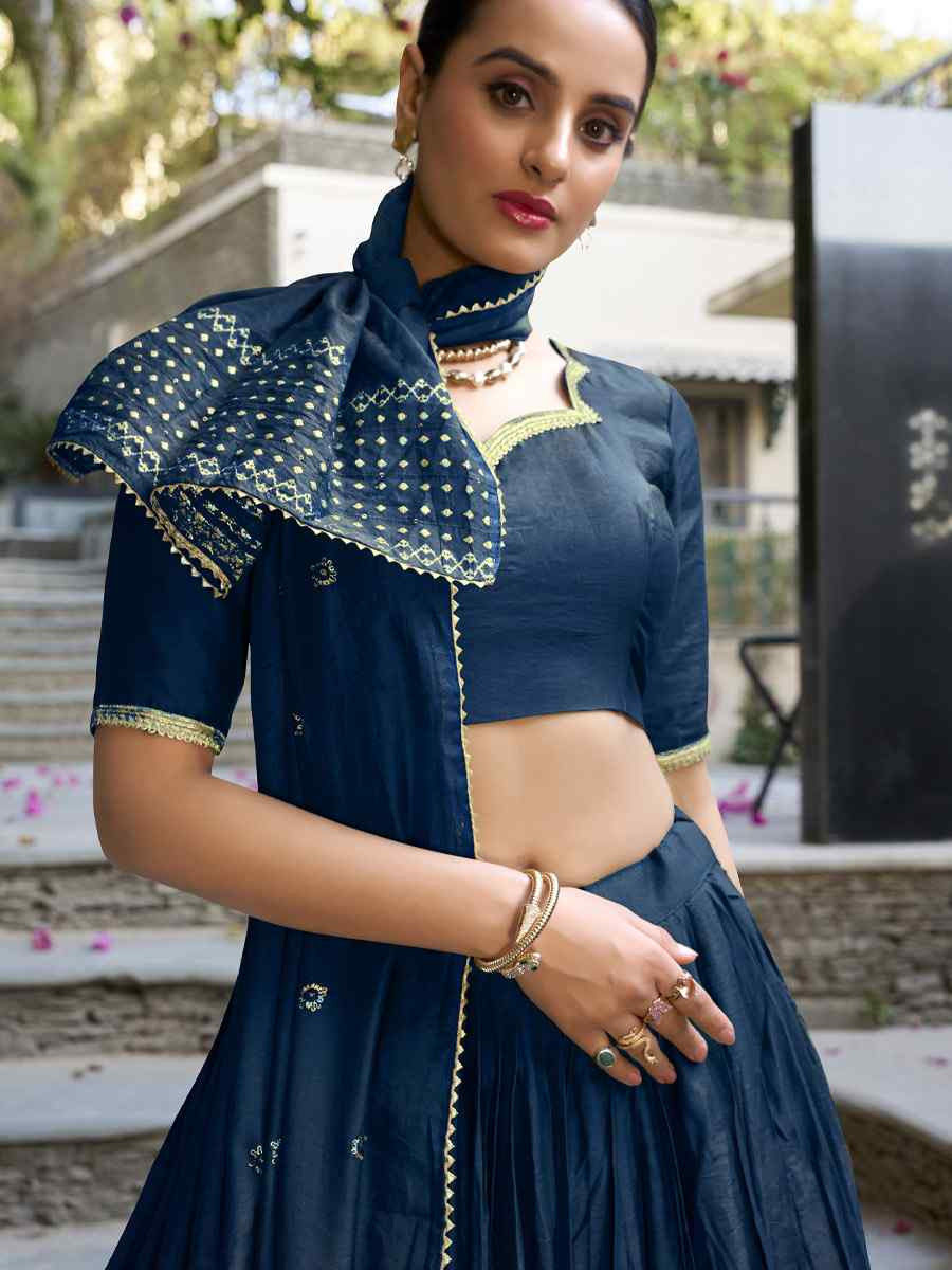 Navy Blue Pure Chanderi Embroidery Wedding Reception Festival Heavy Border Lehenga Choli