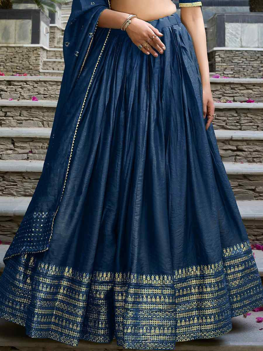 Navy Blue Pure Chanderi Embroidery Wedding Reception Festival Heavy Border Lehenga Choli