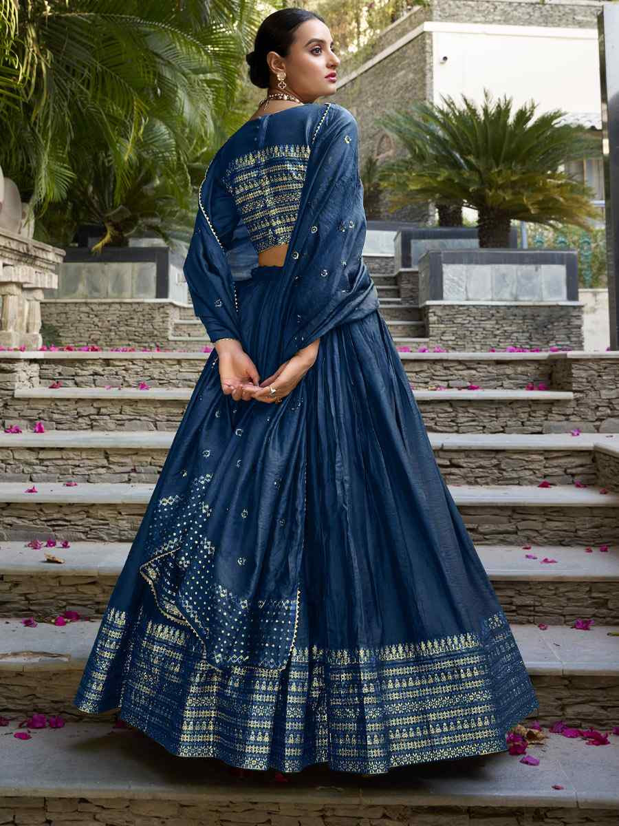 Navy Blue Pure Chanderi Embroidery Wedding Reception Festival Heavy Border Lehenga Choli