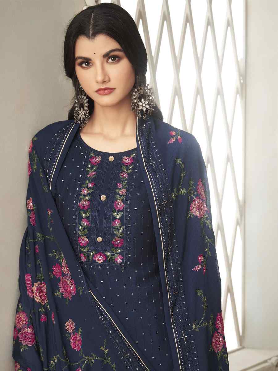 Navy Blue Pure Chinon Handwoven Casual Festival Pant Salwar Kameez