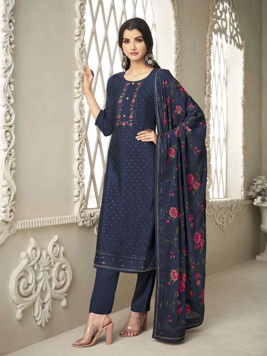 Navy Blue Pure Chinon Handwoven Casual Festival Pant Salwar Kameez