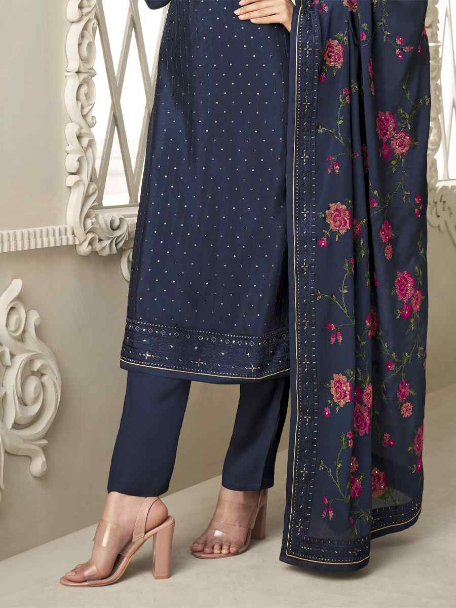 Navy Blue Pure Chinon Handwoven Casual Festival Pant Salwar Kameez