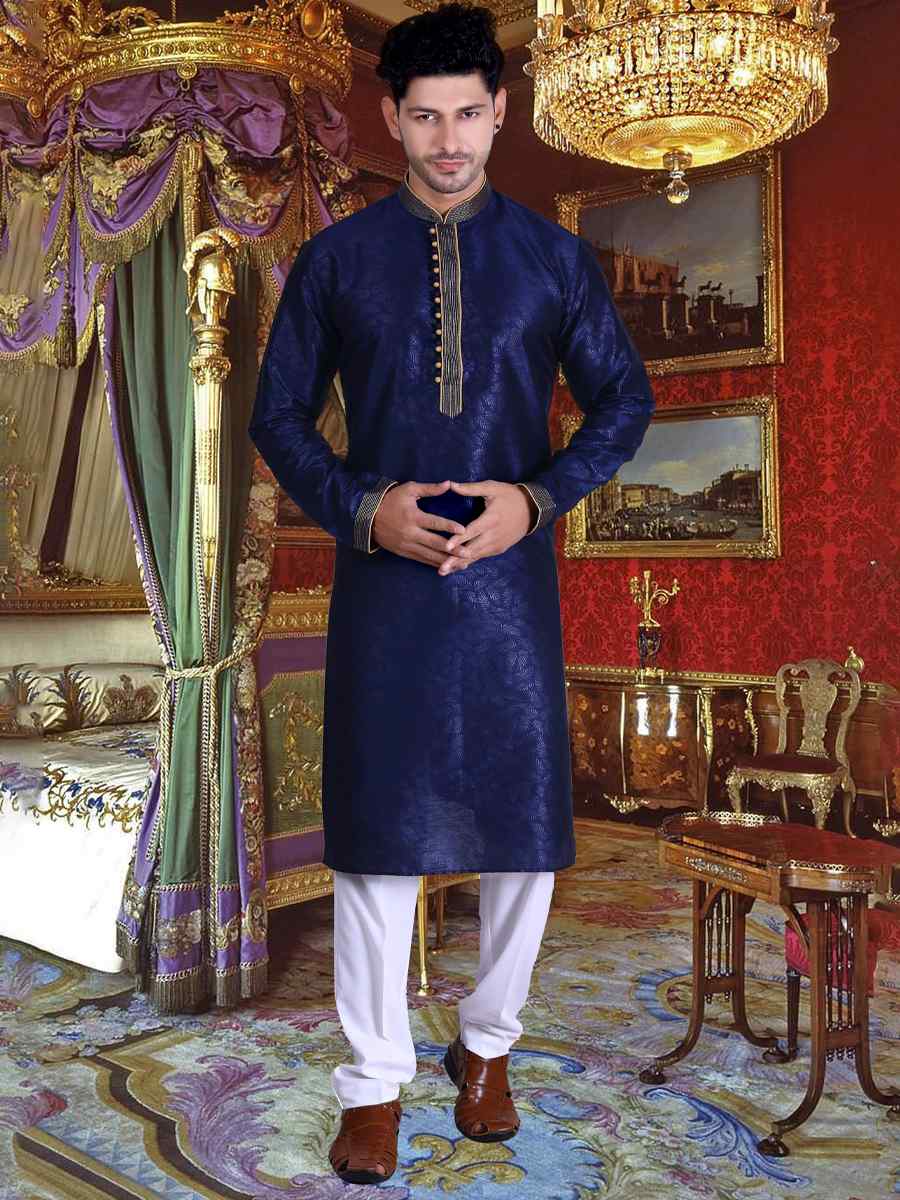 Navy Blue Pure Cotton Jacquard Woven Festival Kurta