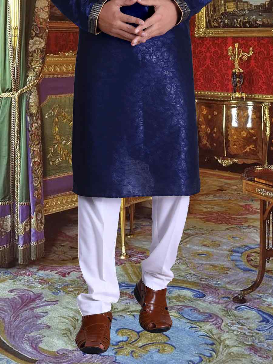 Navy Blue Pure Cotton Jacquard Woven Festival Kurta