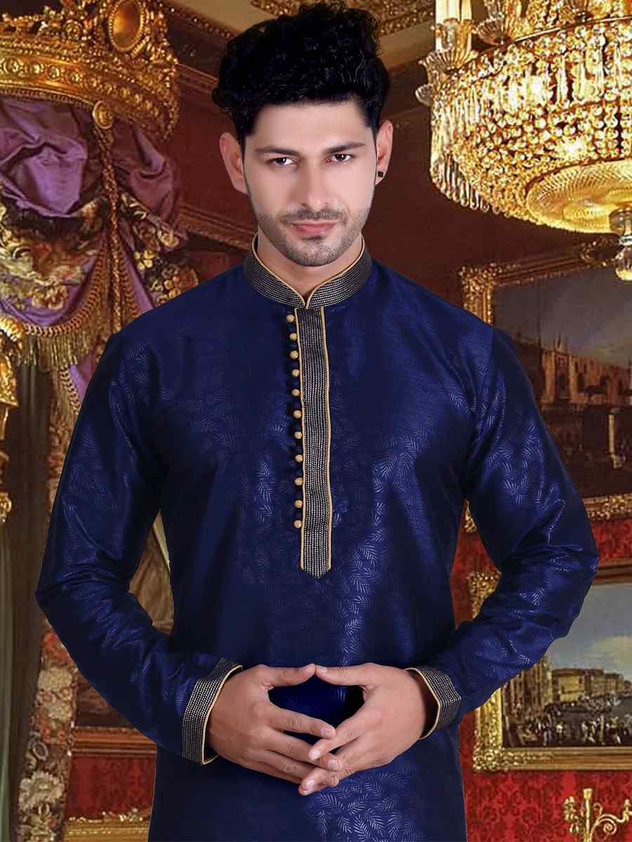 Navy Blue Pure Cotton Jacquard Woven Festival Kurta