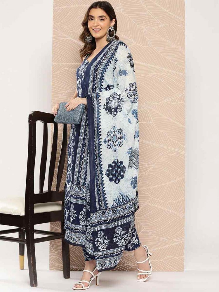 Navy Blue Pure Cotton Printed Festival Casual Ready Pant Salwar Kameez