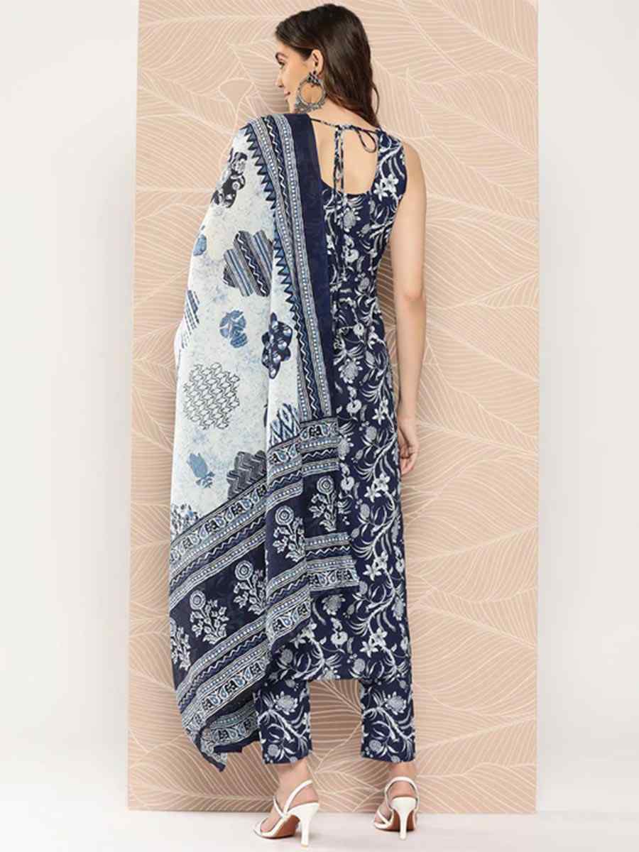 Navy Blue Pure Cotton Printed Festival Casual Ready Pant Salwar Kameez