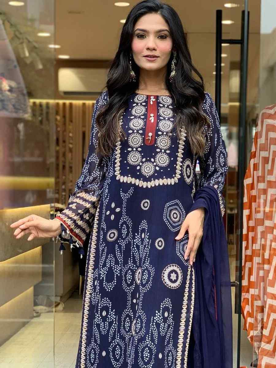 Navy Blue Pure Diamond Silk Embroidered Festival Casual Pant Ready Salwar Kameez