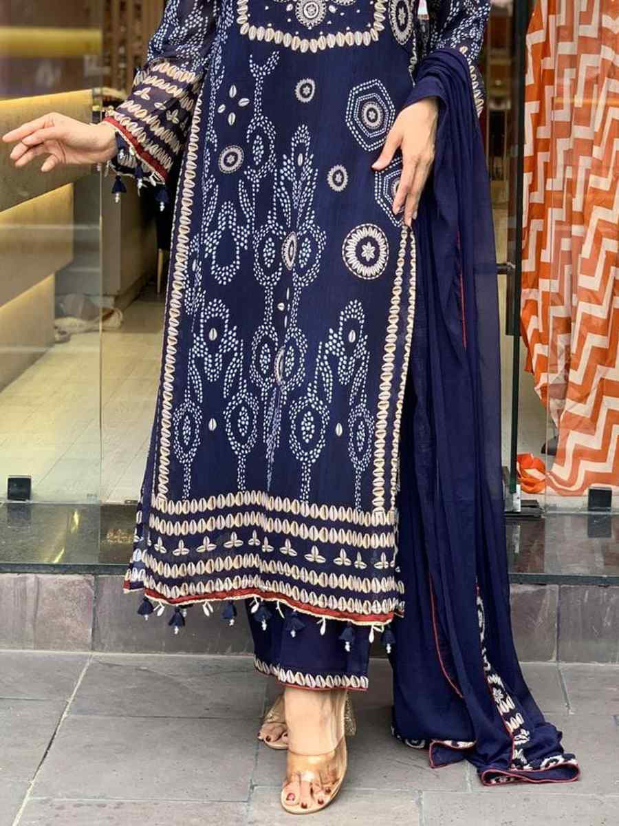 Navy Blue Pure Diamond Silk Embroidered Festival Casual Pant Ready Salwar Kameez