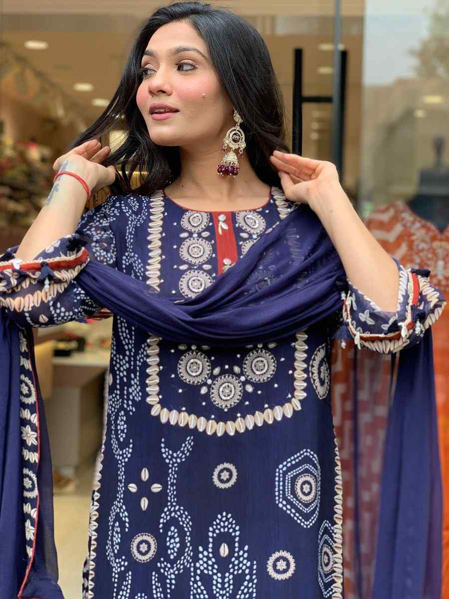 Navy Blue Pure Diamond Silk Embroidered Festival Casual Pant Ready Salwar Kameez