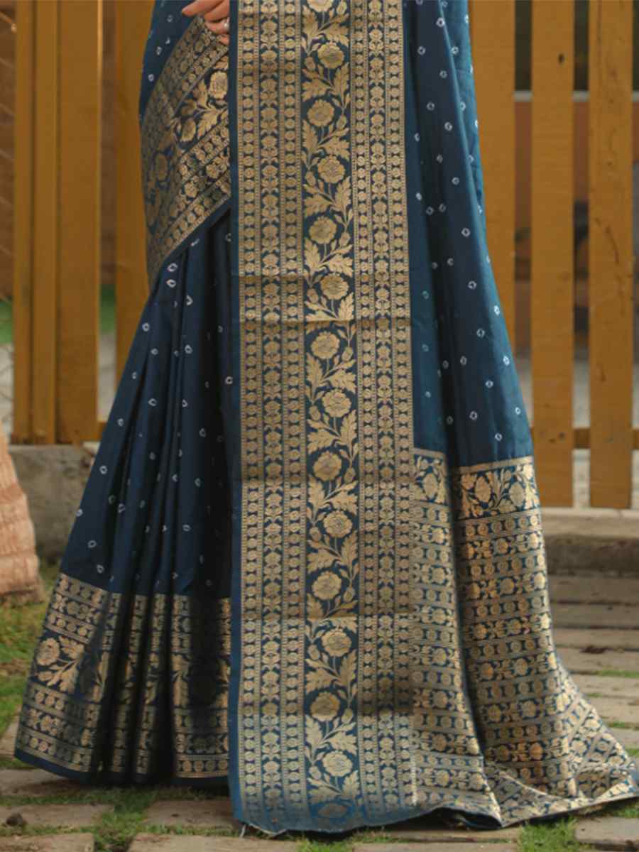 Navy Blue Pure Dola Bandhej Silk Handwoven Festival Wedding Heavy Border Saree