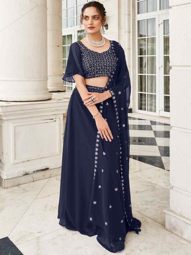 Navy Blue Pure Faux Georgette Embroidered Party Wear Wedding Circular Lehenga Choli