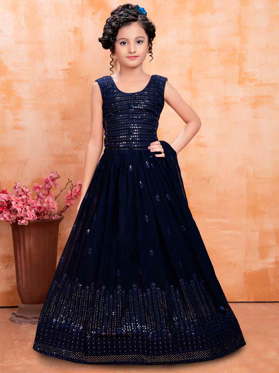 Navy Blue Pure Georgette Embroidered Wedding Festival Lehengas Girls Wear
