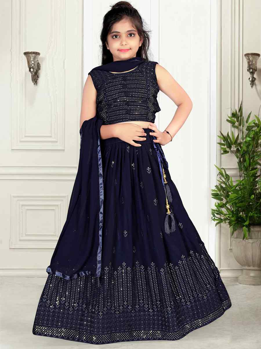 Navy Blue Pure Georgette Embroidered Wedding Festival Lehengas Girls Wear