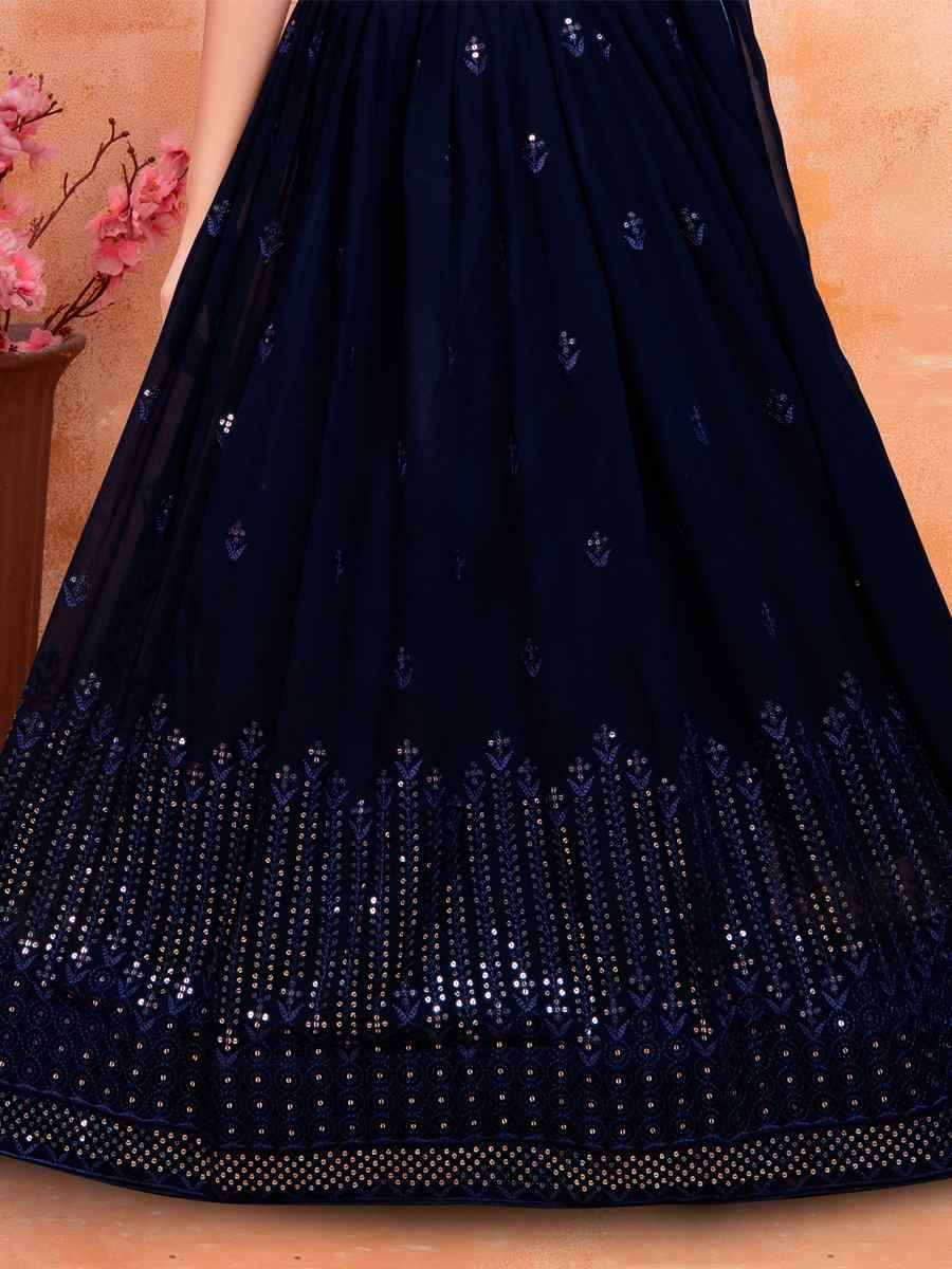 Navy Blue Pure Georgette Embroidered Wedding Festival Lehengas Girls Wear