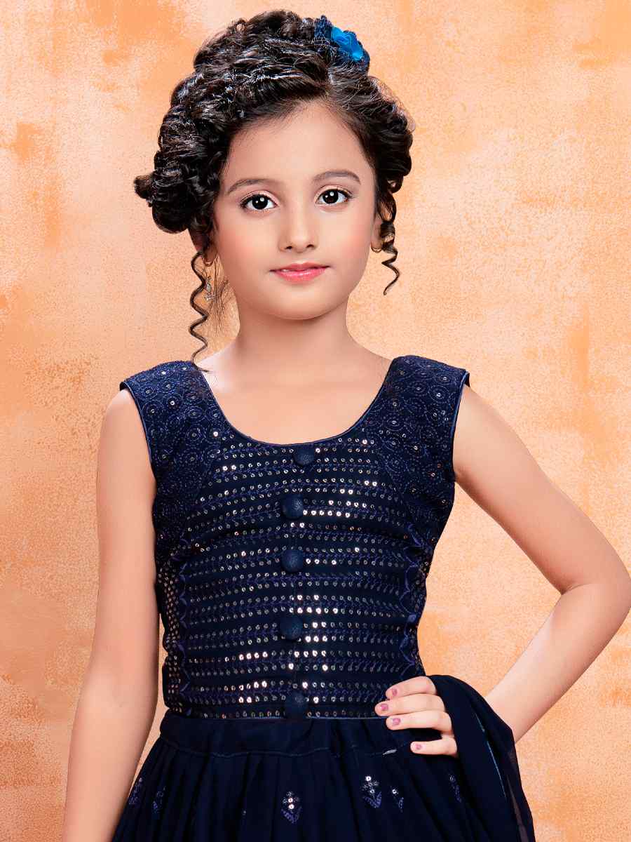 Navy Blue Pure Georgette Embroidered Wedding Festival Lehengas Girls Wear