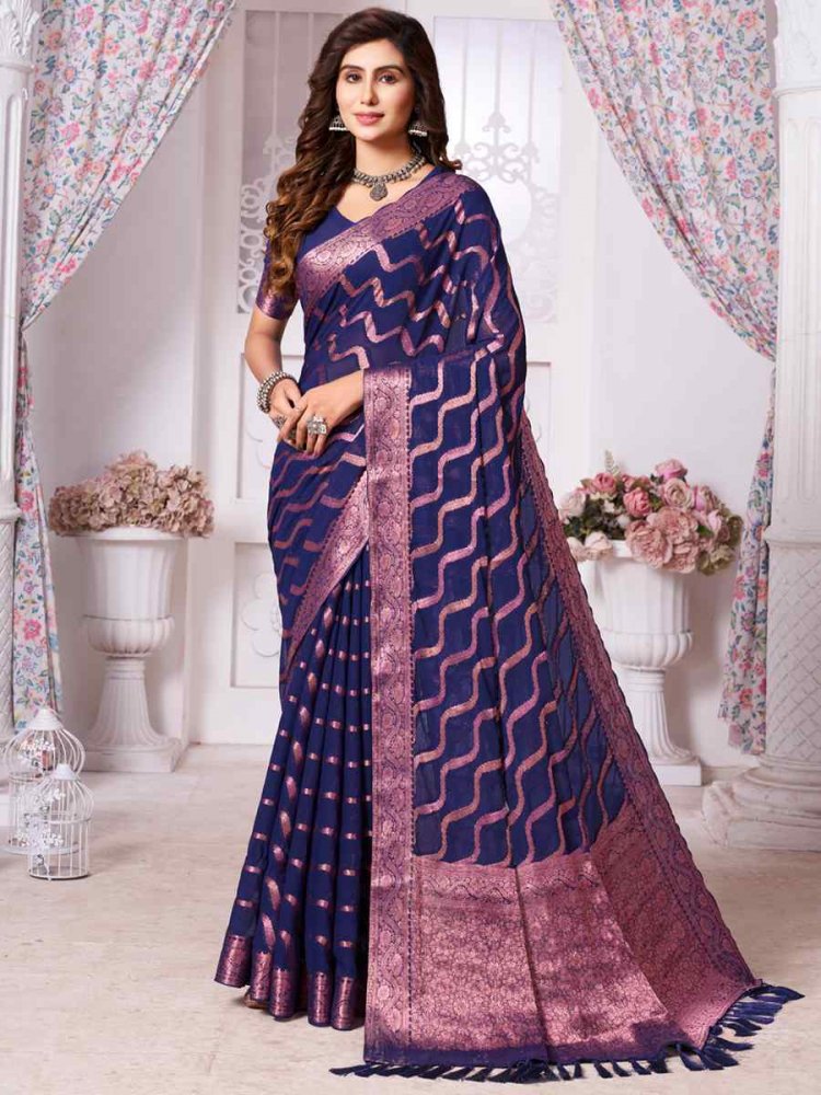 Navy Blue Pure Georgette Handwoven Wedding Festival Heavy Border Saree