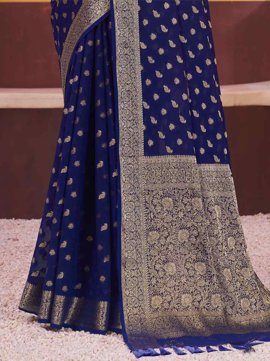 Navy Blue Pure Georgette Handwoven Wedding Festival Heavy Border Saree