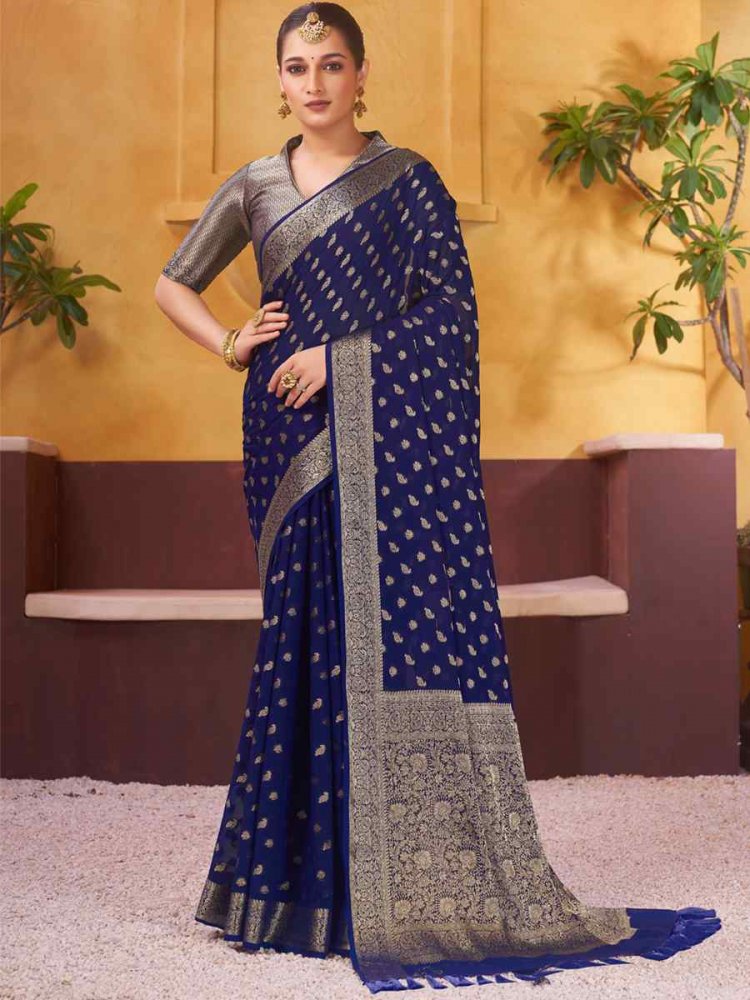 Navy Blue Pure Georgette Handwoven Wedding Festival Heavy Border Saree