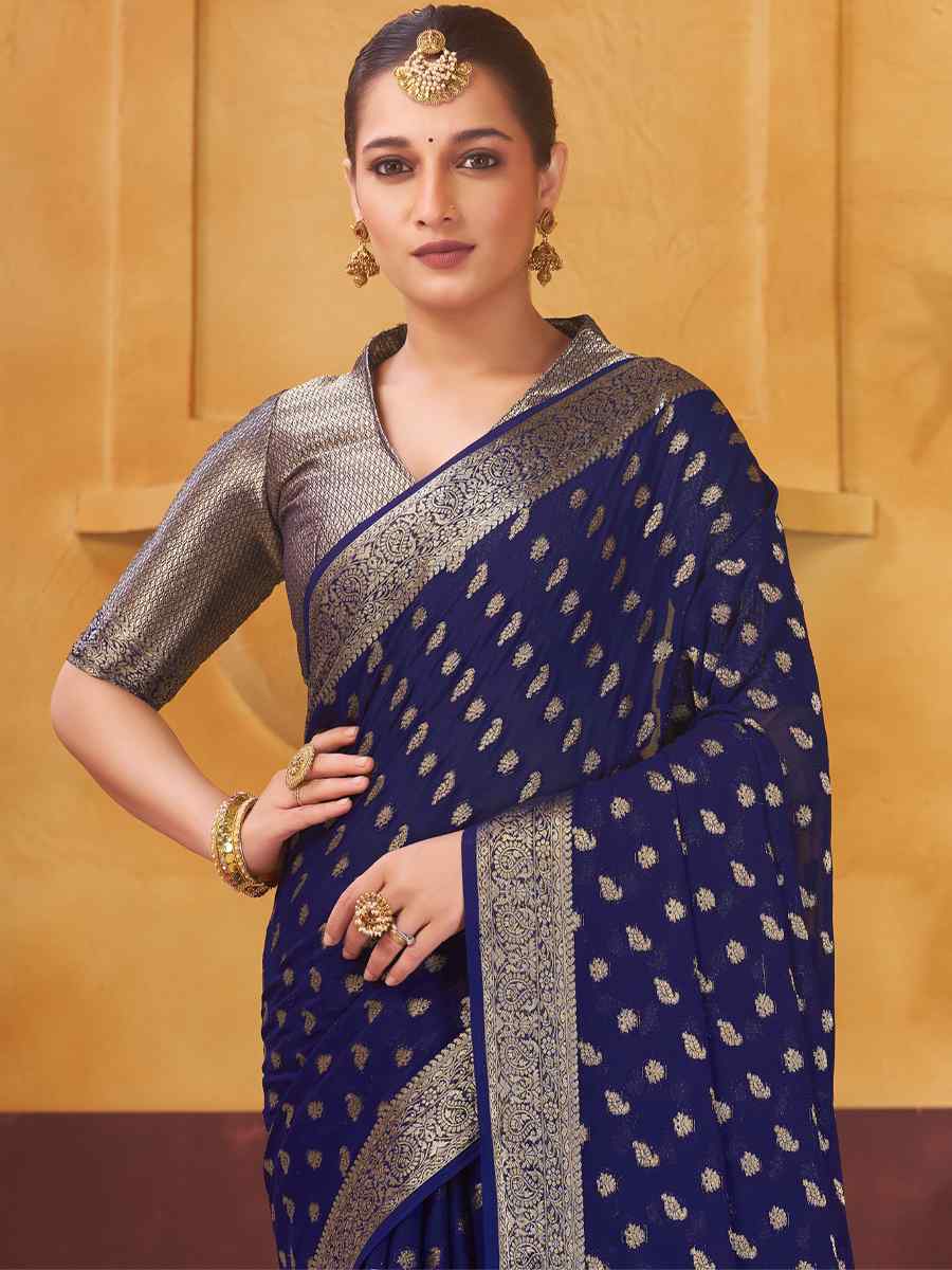 Navy Blue Pure Georgette Handwoven Wedding Festival Heavy Border Saree