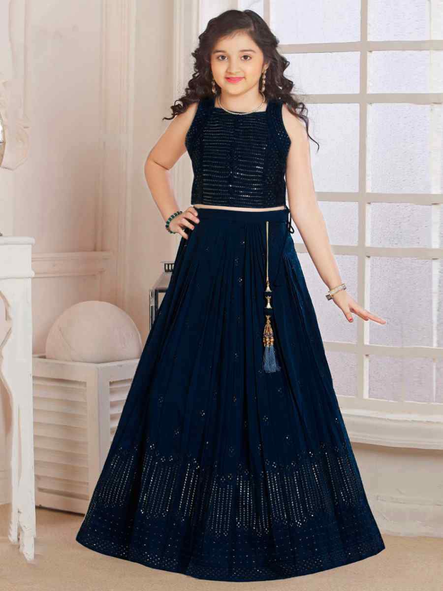 Navy Blue Pure Georgette Sequins Wedding Festival Lehengas Girls Wear