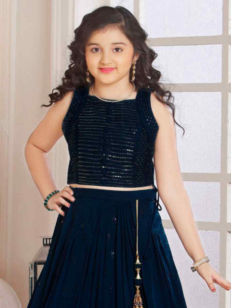 Navy Blue Pure Georgette Sequins Wedding Festival Lehengas Girls Wear