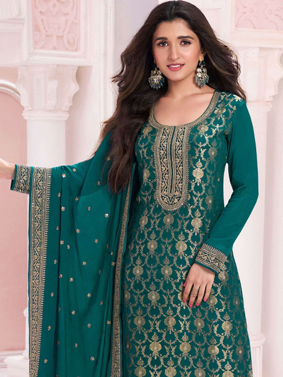 Navy Blue Pure jacquard Viscose Embroidered Festival Casual Pant Salwar Kameez