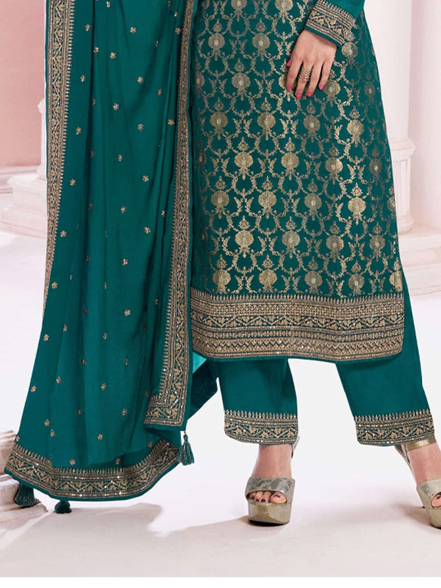 Navy Blue Pure jacquard Viscose Embroidered Festival Casual Pant Salwar Kameez