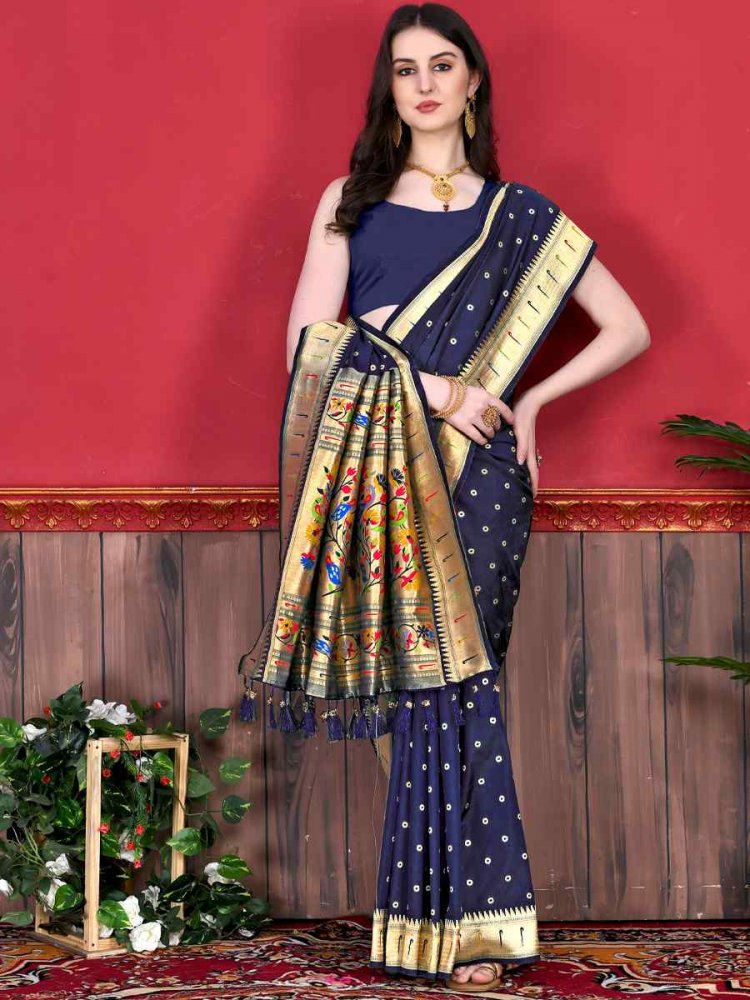 Navy Blue Pure Lichi Silk Handwoven Wedding Festival Heavy Border Saree