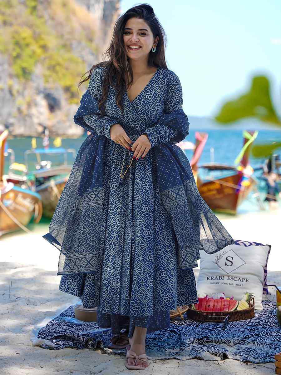 Navy Blue Pure MaslinPrinted Casual Festival Anarkali Salwar Kameez