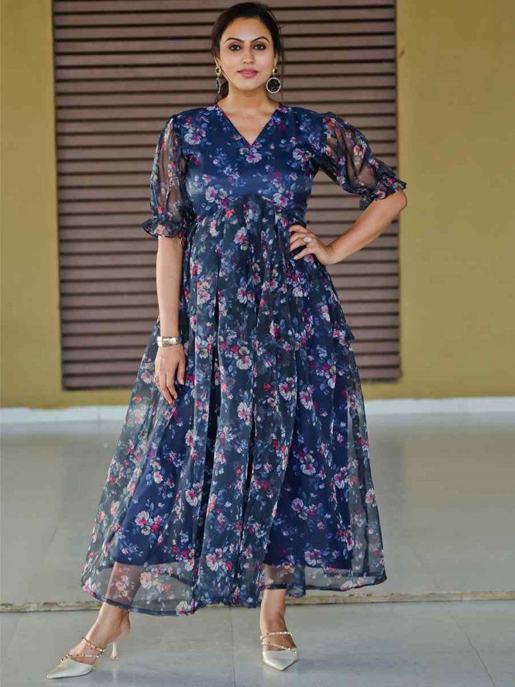 Navy Blue Pure Organza  Printed Festival Casual Gown