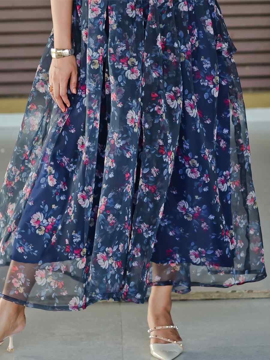 Navy Blue Pure Organza  Printed Festival Casual Gown