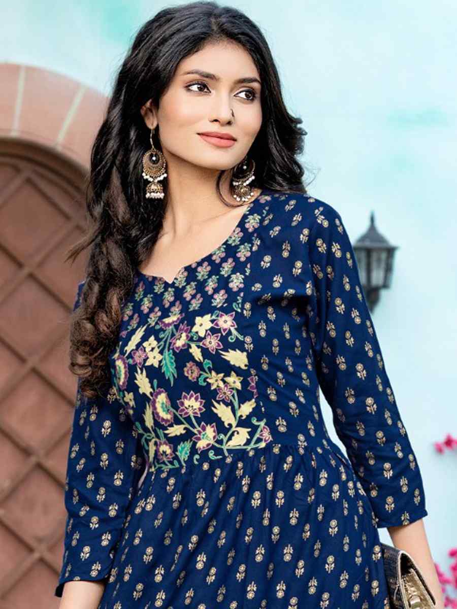 Navy Blue Pure Rayon 14kg Printed Festival Casual Gown