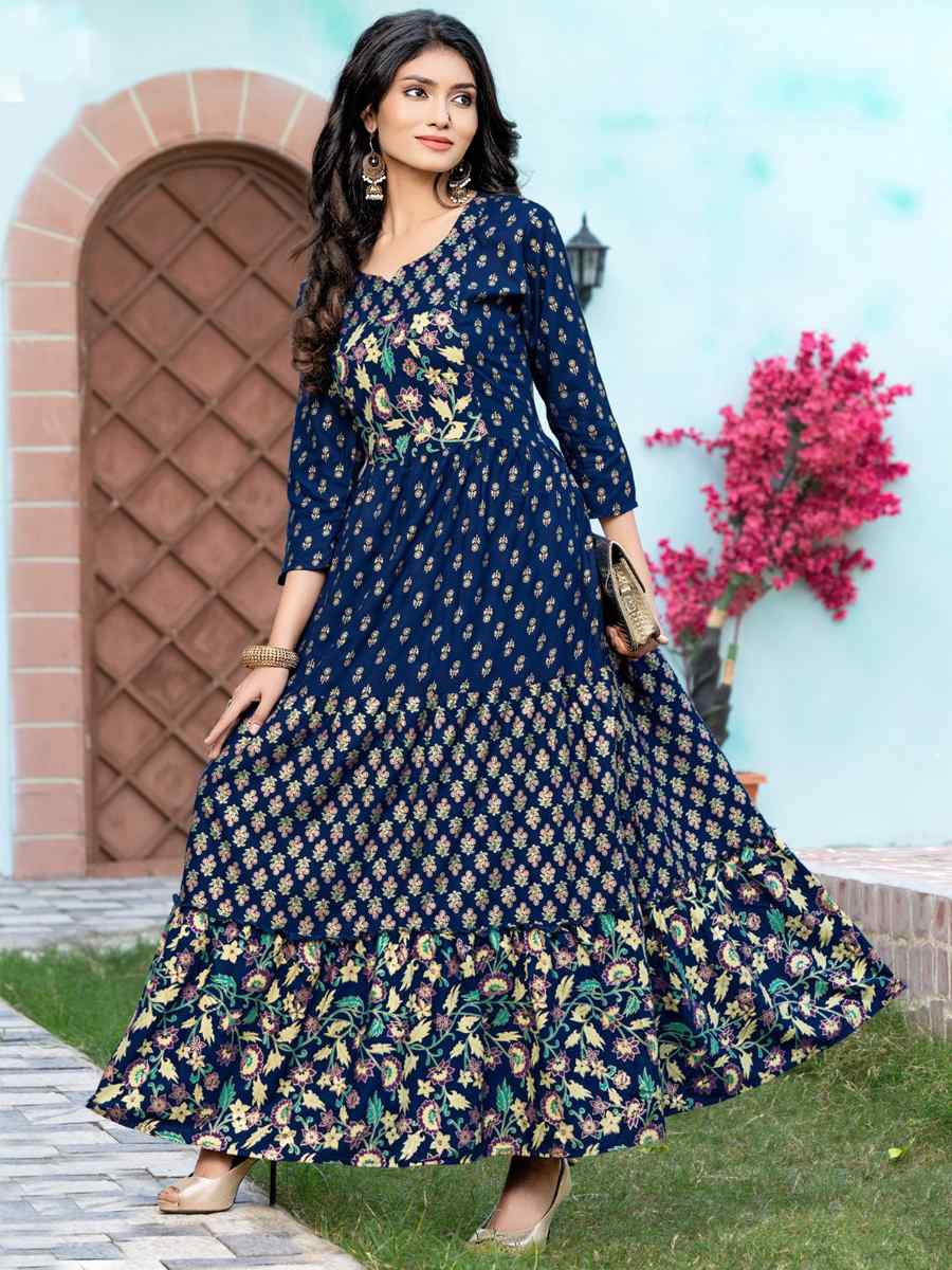 Navy Blue Pure Rayon 14kg Printed Festival Casual Gown