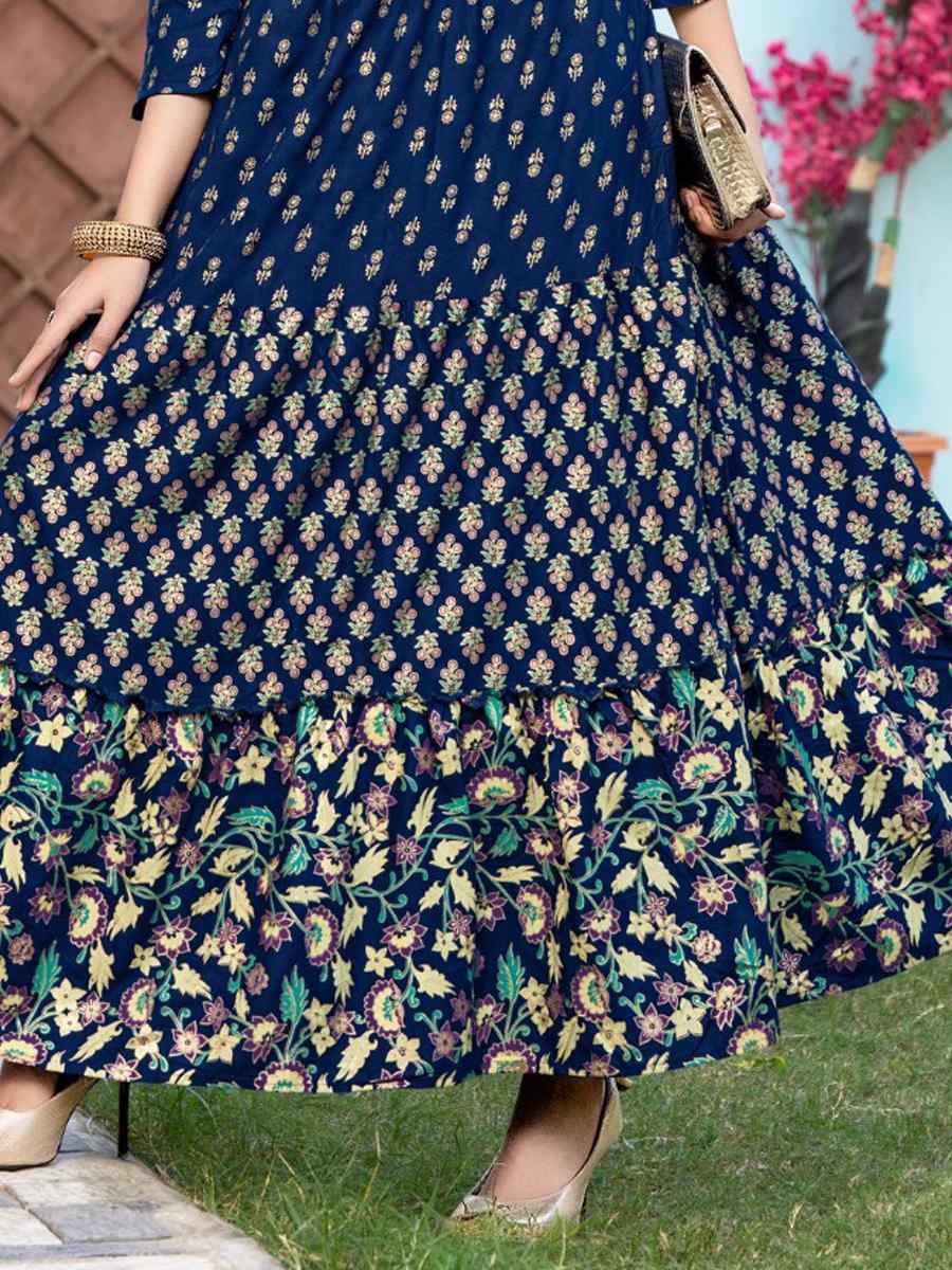 Navy Blue Pure Rayon 14kg Printed Festival Casual Gown